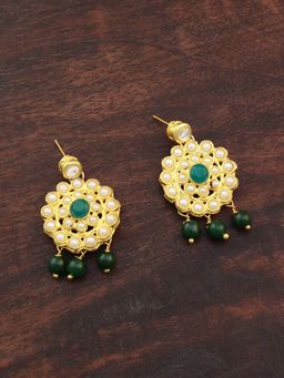 Karatcart - Gold Plated Green Beads Kundan Dangler Earrings