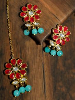 Karatcart - Gold Plated Blue Beads Red Kundan Dangler Earrings with Maangtikka (Set of 2)