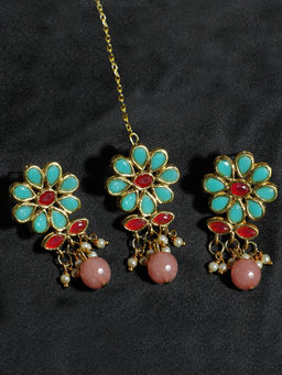 Karatcart - Gold Plated Peach Beads Mint Blue Kundan Dangler Earrings with Maangtikka (Set of 2)