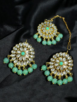 Karatcart - Gold Plated Lime Green Beads Kundan Dangler Earrings with Maangtikka (Set of 2)