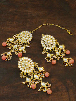 Karatcart - Gold Plated Peach Beads Kundan Tassel Earrings with Maangtikka (Set of 2)