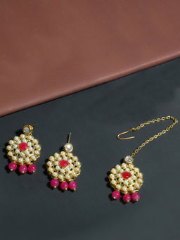 Karatcart - Gold Plated Pink Beads Kundan Dangler Earrings with Maangtikka (Set of 2)