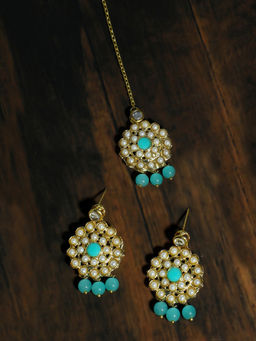 Karatcart - Gold Plated Mint Blue Beads Kundan Dangler Earrings with Maangtikka (Set of 2)