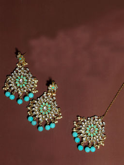 Karatcart - Gold Plated Mint Blue Beads Kundan Dangler Earrings with Maangtikka (Set of 2)