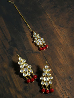 Karatcart - Gold Plated Red Beads Kundan Dangler Earrings with Maangtikka (Set of 2)