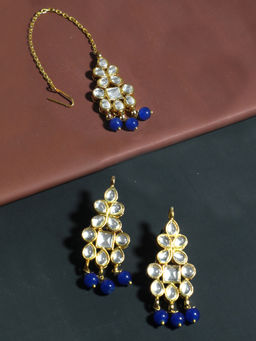 Karatcart - Gold Plated Blue Beads Kundan Dangler Earrings with Maangtikka (Set of 2)