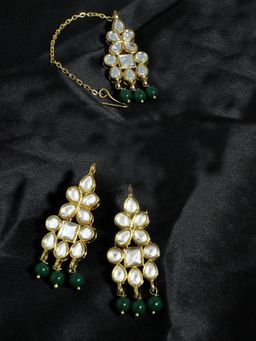 Karatcart - Gold Plated Green Beads Kundan Dangler Earrings with Maangtikka (Set of 2)