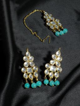 Karatcart - Gold Plated Mint Blue Beads Kundan Dangler Earrings with Maangtikka (Set of 2)