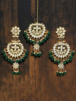 Karatcart - Gold Plated Green Drops Kundan Chandbali Earrings with Maangtikka (Set of 2)