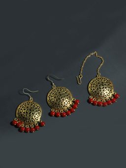 Karatcart - Gold Plated Red Beads Kundan Dangler Earrings with Mnagtikka