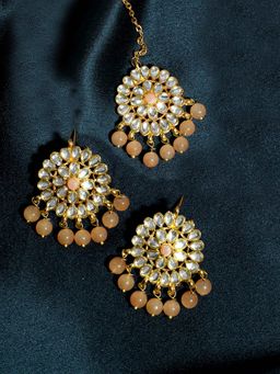 Karatcart - Gold Plated Peach Beads Kundan Dangler Earrings with Maangtikka (Set of 2)
