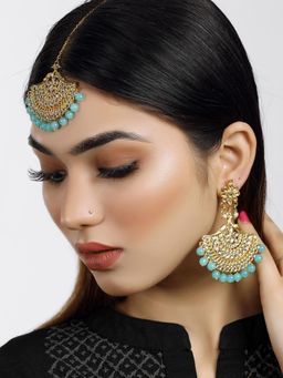 Karatcart - Blue Peacock Kundan Studded Earrings with Maangtikka