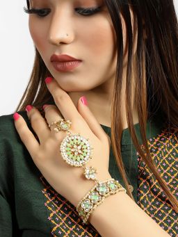 Karatcart - Gold Plated Lime Green Meena Work Kundan Hathphool