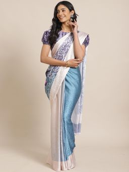 Sareemall - Grey & Blue Casual Crepe Printed Saree With Unstitched Blouse