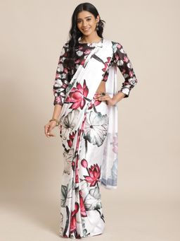 Sareemall - Off White Casual Crepe Printed Saree With Unstitched Blouse