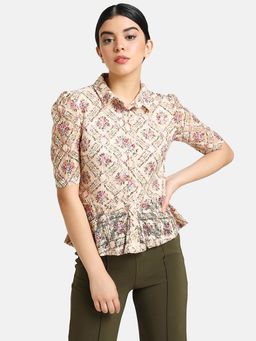 Kazo - Beige & Pink Floral Shirt
