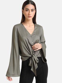Kazo - Grey Solid Flared Sleeves Tie-Up Top