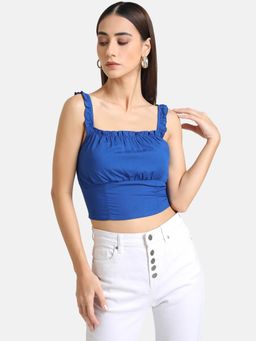 Kazo - Blue Solid Ruched Spaghetti Top