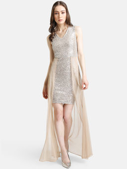 Kazo - Beige Embellished Sequin Maxi Dress With Overlay
