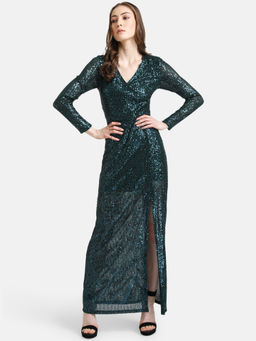 Kazo - Green Embellished Sequin Maxi Dress With Front Slit
