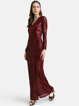 Kazo - Maroon Embellished Sequin Maxi Dress with Front Slit