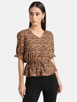 Kazo - Brown Printed Top With Drawstring