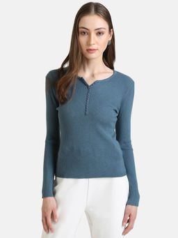 Kazo - Blue Solid Front Button Detail Pullover