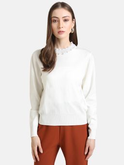 Kazo - White Embellished Pearl Neck Pullover