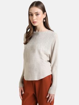 Kazo - Beige Embellished Studded Neck Batwing Pullover