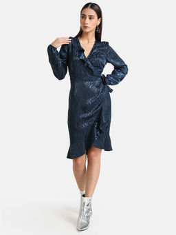 Kazo - Navy Blue Solid Jacquard Wrap Mini Dress