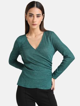 Kazo - Green Solid V Neck Sequin Rib Wrap Top
