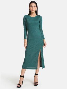 Kazo - Green Solid Sequin Rib Midi Dress