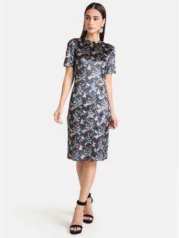 Kazo - Black Floral Printed Velvet Bodycon Midi Dress