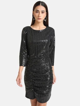 Kazo - Black Embellished Stick-on Sequin Knitted Midi Dress