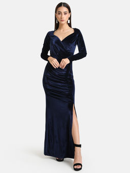 Kazo - Navy Blue Solid Ruched Velvet Maxi Dress