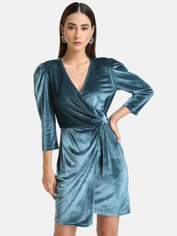 Kazo - Blue Solid Velvet Mini Dress With Front Knot