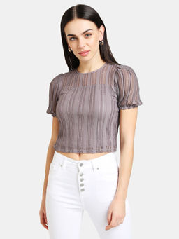 Kazo - Grey Solid Textured Knit Puff Sleeves Top
