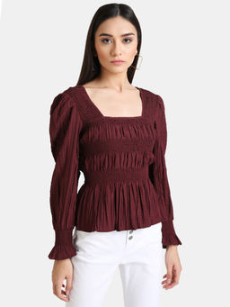Kazo - Maroon Solid Crushed Top with Smocking Detail