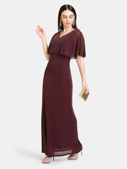 Kazo - Maroon Solid Cape Detailed Lurex Mesh Maxi Dress