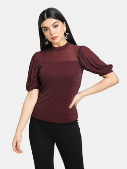 Kazo - Maroon Solid Lurex Mesh Puff Sleeves Top