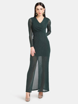 Kazo - Green Solid Overlap Neck Detail Lurex Maxi Dress