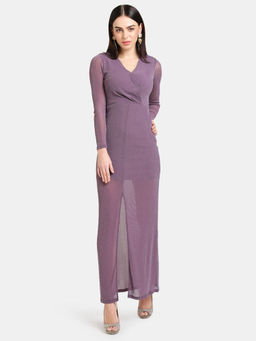 Kazo - Purple Solid Overlap Neck Detail Lurex Maxi Dress