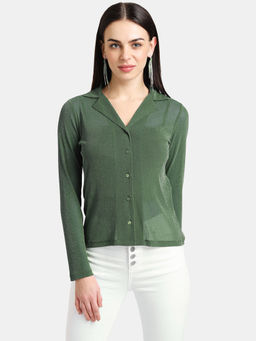 Kazo - Green Solid Lurex Mesh Shirt with Notch Collar