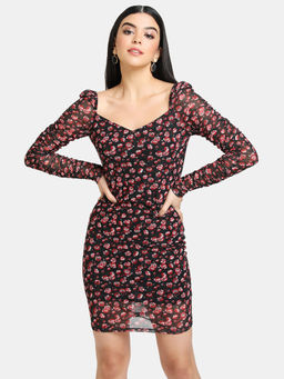 Kazo - Black Floral Floral Dress with Ruched Sleeves