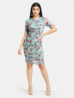 Kazo - Green Floral Ruched Floral Dress