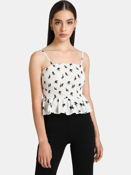 Kazo - White Printed Smocked Crop Top