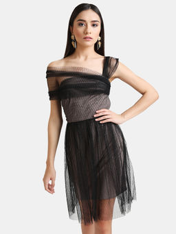 Kazo - Black Pleated Contrast Mesh Mini Dress