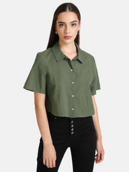 Kazo - Olive Solid Half Sleeve Crop Shirt