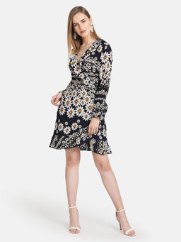 Kazo - Navy Blue Floral Floral Printed Wrap Dress
