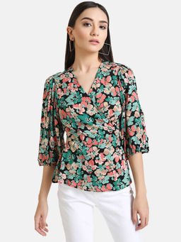 Kazo - Green Floral Wrap Detailed 3/4Th Sleeves Top